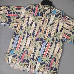 Vintage Reyn Spooner Hawaiian Shirt Mens XL Green‎ Colorful Floral Surfboard 90s